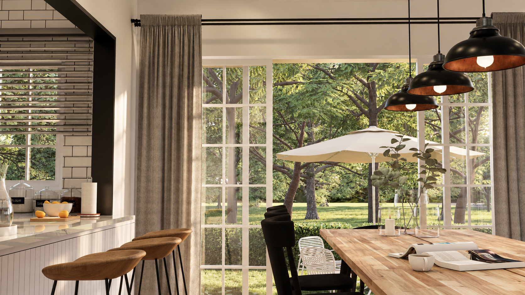 Ruang makan farmhouse yang bersambung terus ke dapur.